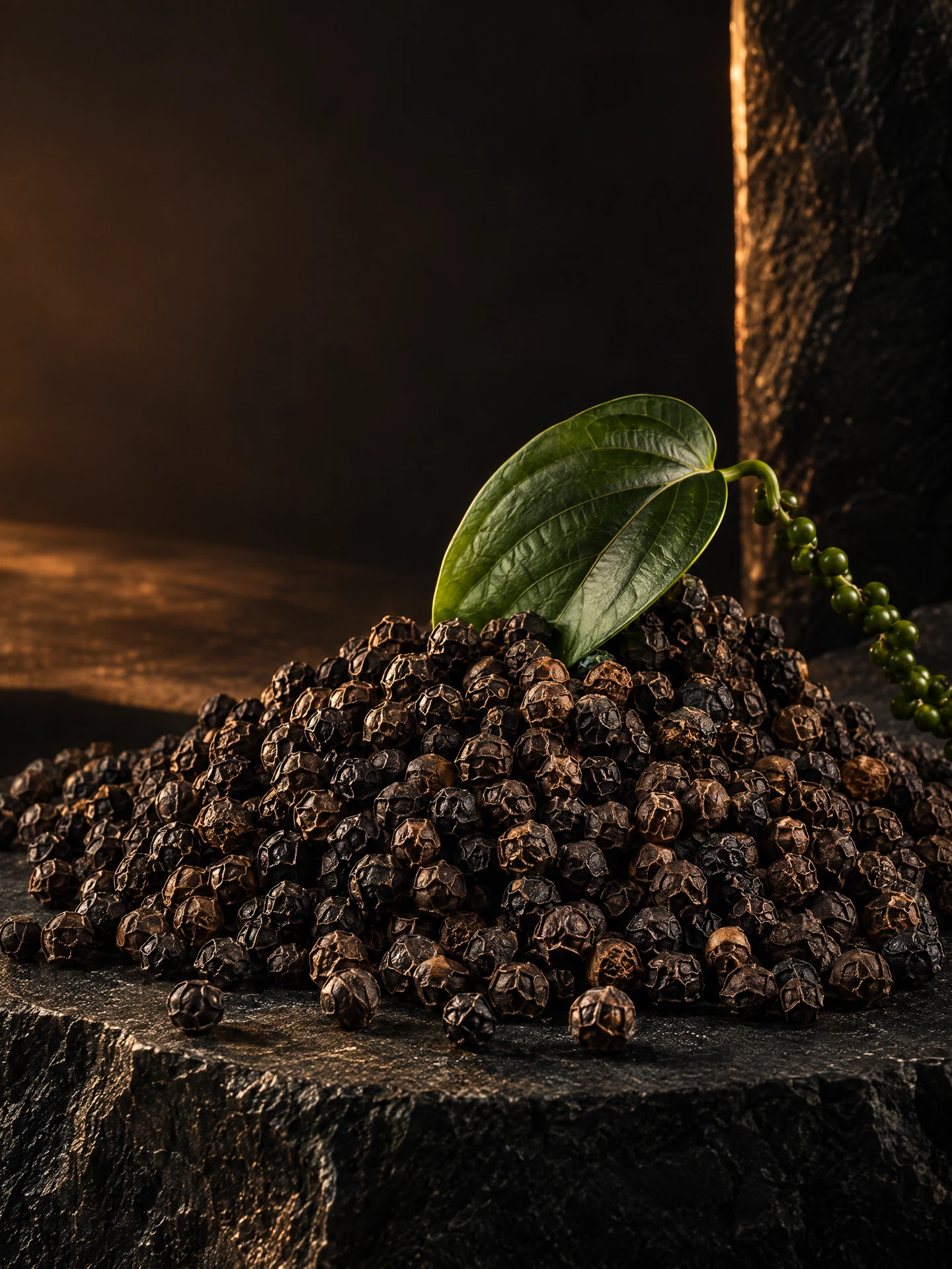 Whole black peppercorns on dark stone
