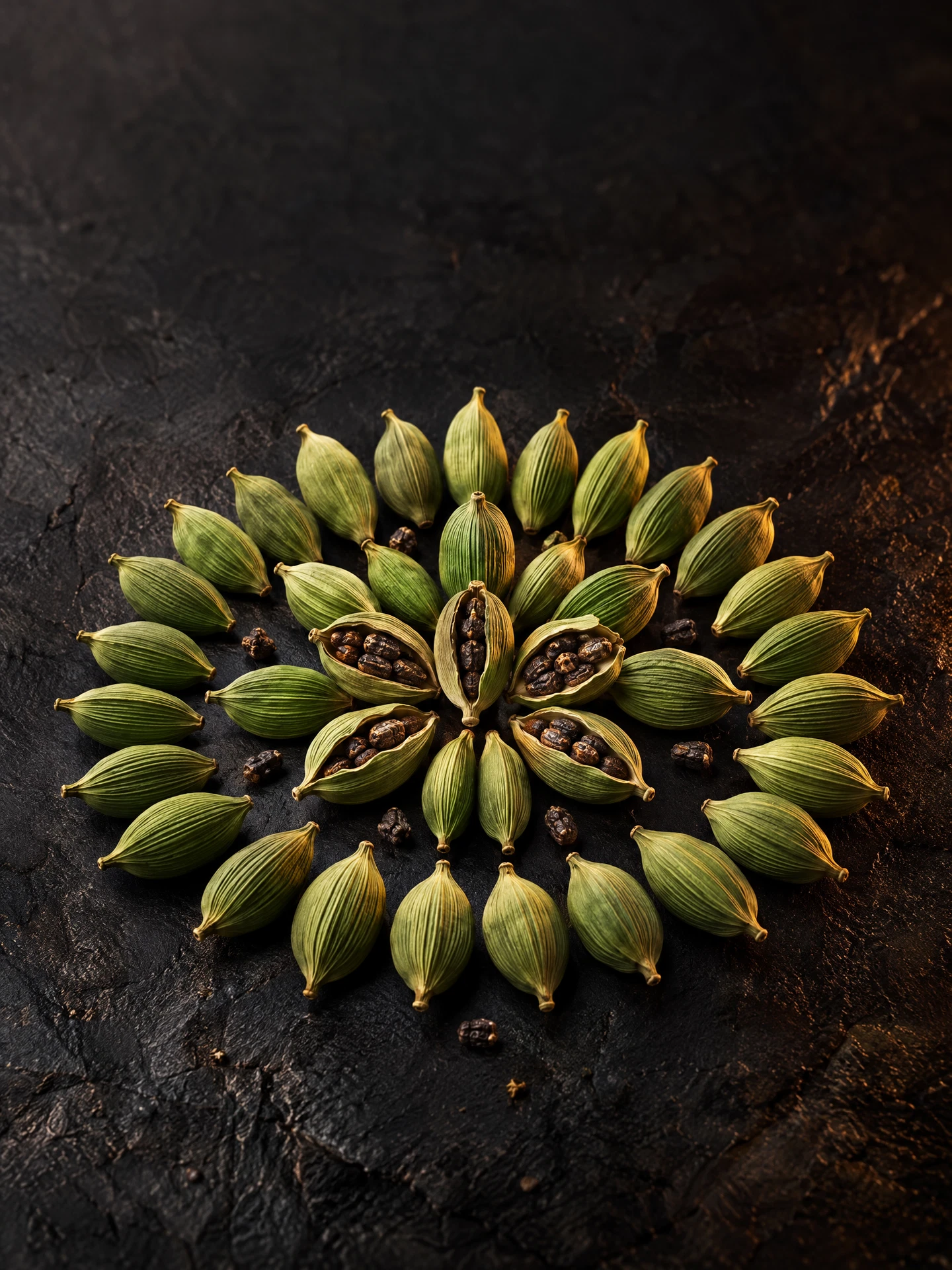 Green cardamom pods on dark stone